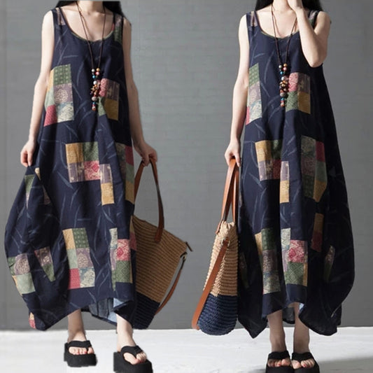 Literary Flower Printing Cotton And Linen Sleeveless Long Jumper Dress