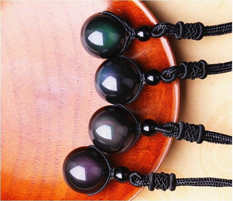 Natural Obsidian Rainbow Eye Transfer Good Luck Pearl Pendant Necklace Polyester Rope Chain Necklace Jewelry For Woman