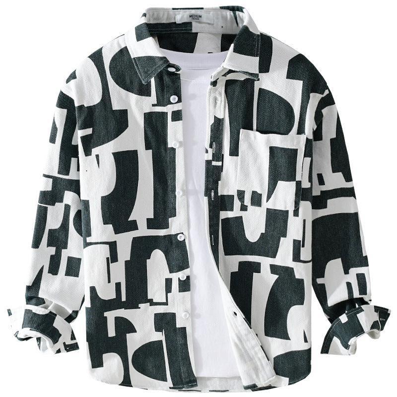 Geometric Contrast Color Printing Stylish Long Sleeve Shirt