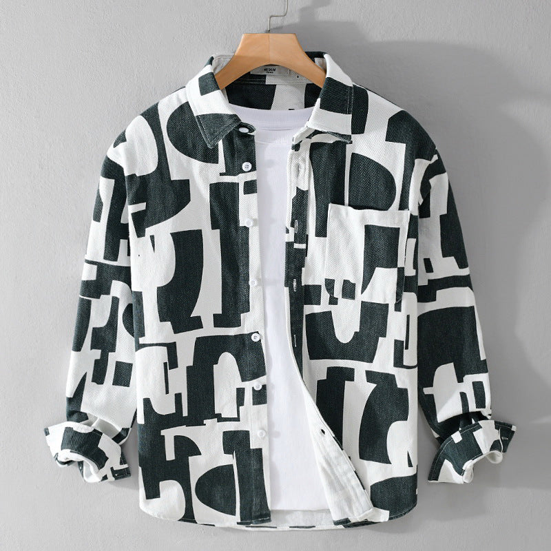 Geometric Contrast Color Printing Stylish Long Sleeve Shirt